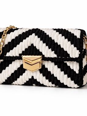 Handmade Black & White Plush Crossbody Bag with Gold Chain